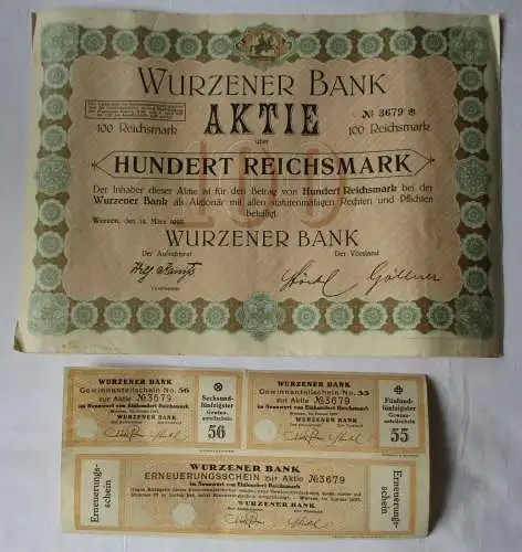 100 Reichsmark Aktie Wurzener Bank 14.März 1927 mit Zinsschein (129142)