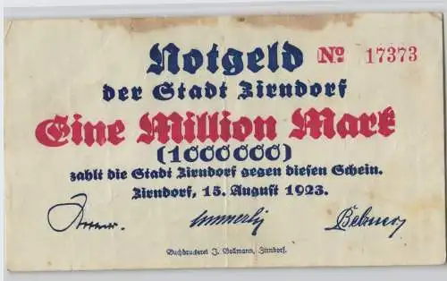 1 Million Mark Banknote Inflation Stadt Zirndorf 15.08.1923 (129617)