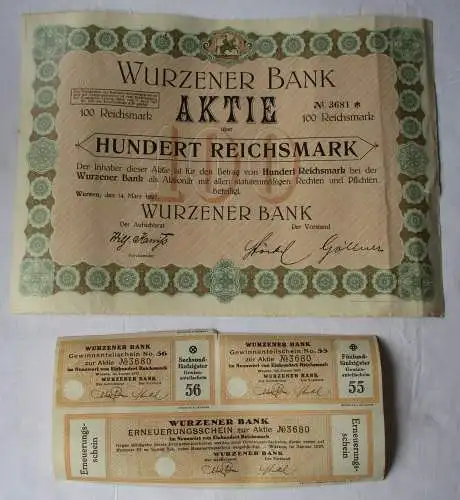 100 Reichsmark Aktie Wurzener Bank 14.März 1927 mit Zinsschein (129503)