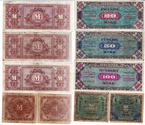 5 Banknoten 1/2 bis 100 Mark alliierte Besatzung 1944 (129981)