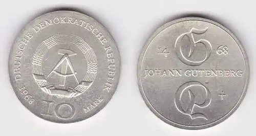 DDR Gedenk Silber Münze 10 Mark Johann Gutenberg 1968 Stempelglanz (140987)
