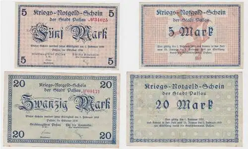 5 und 20 Mark Banknoten Kriegsgeld Stadt Passau Oktober 1918 (130458)