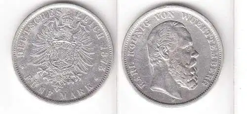 5 Mark Silbermünze Württemberg König Karl 1875 Jäger 173  (111233)