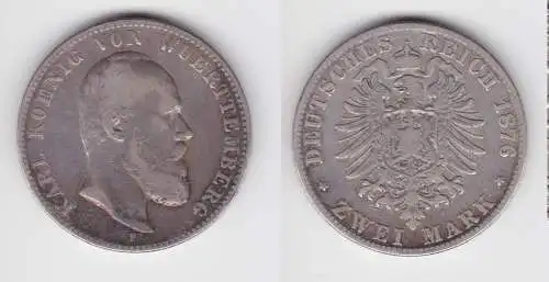 2 Mark Silbermünze Württemberg König Karl 1876 Jäger 172 f.ss (151202)