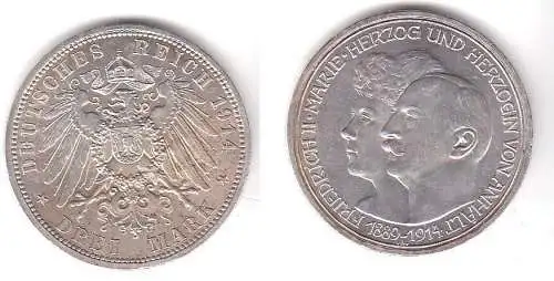 3 Mark Silbermünze Anhalt Silberhochzeit 1914 Jäger 24  (110967)