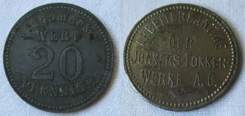 20 Pfennig Pfand Wertmarke Arbeiterkantine der Junkers Fokker Werke AG (117506)