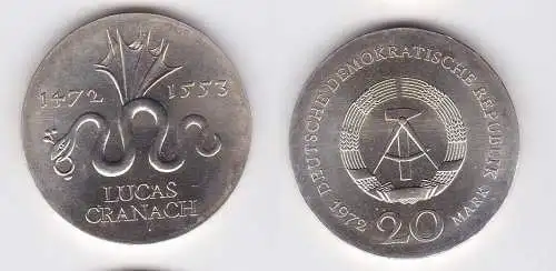 DDR Gedenk Münze 20 Mark Lucas Cranach 1972 Silber Stempelglanz (128500)