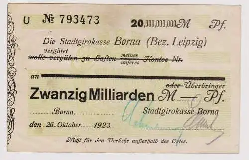Firmenscheck 20 Milliarden Mark Banknote Stadtgirokasse Borna 26.10.1923(120376)