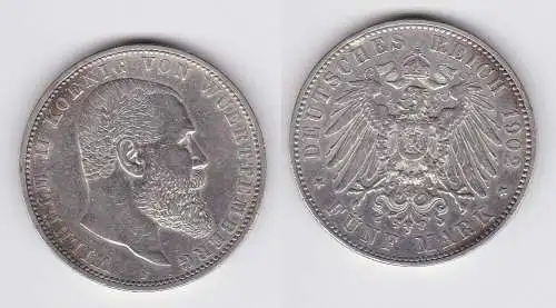 5 Mark Silbermünze Württemberg König Wilhelm II 1902 Jäger 176 ss+ (150003)