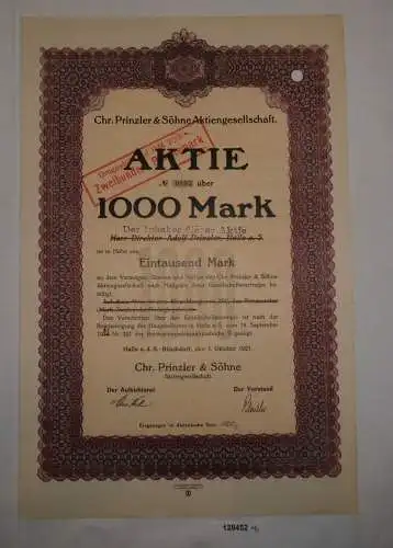 1000 Mark Aktie Chr. Prinzler & Söhne AG Halle an der Saale 1.Okt. 1921 (128452)