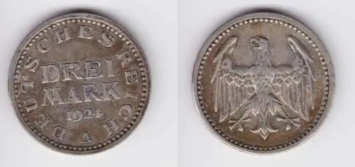 3 Mark Silbermünze Weimarer Republik 1924 A Jäger 312  ss/vz (156231)