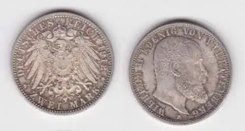 2 Mark Silber Münze Württemberg König Wilhelm II 1907 F Jäger 102 vz (141994)