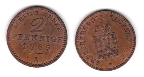 2 Pfennig Kupfer Münze Sachsen Weimar Eisenach 1865 A vz/Stgl. (131286)