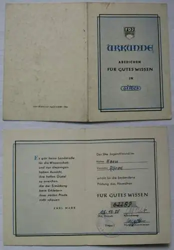 DDR Urkunde FDJ Abzeichen Für gutes Wissen in Silber 1955 (114561)