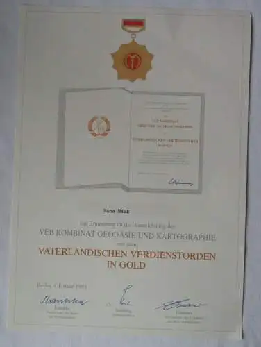 DDR Urkunde VEB Kombinat Geodäsie & Kartographie Verdienstorden Gold (112822)