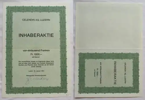 1.000 Franken Inhaber-Aktie Celendin AG Luzern 28.01.1972 (140595)