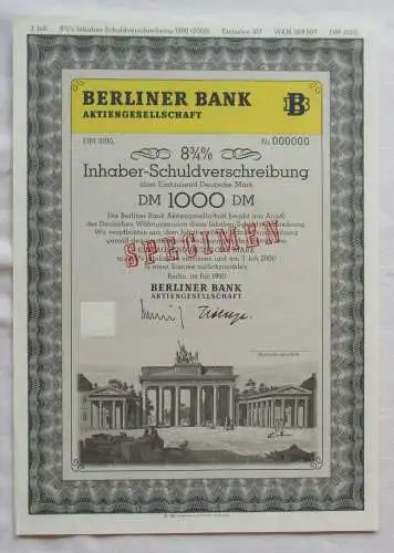 1000 DM Aktien Schuldverschreibung Berliner Bank AG Berlin Juli 1990 (143816)