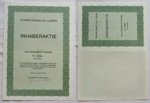 1.000 Franken Aktien Vitarte-Finanz AG Luzern 08.01.1972 (144270)