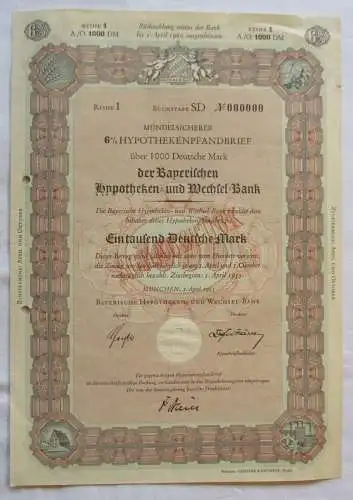 1000 DM Pfandbrief Bayerische Hypotheken- und Wechsel-Bank München 1955 (143830)