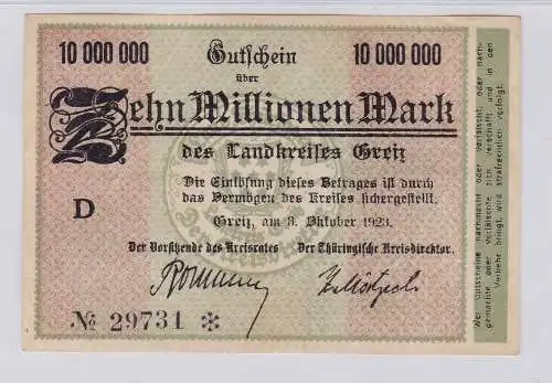 10 Millionen Mark Banknote Inflation Landkreis Greiz 3.10.1923 (125943)