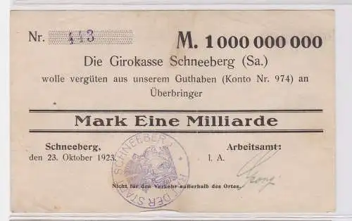 1 Milliarde Mark Banknote Girokasse Schneeberg Arbeitsamt 23.10.1923 (122578)