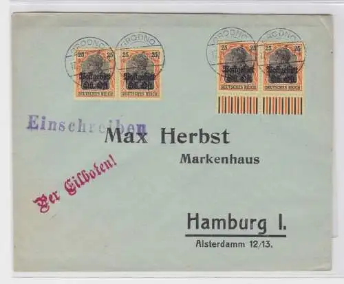 68115 seltener R-Brief Postgebiet Ob.Ost Grodno nach Hamburg 17.11.1918