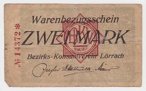 2 Mark Banknote Waren Bezugsschein Bezirks Konsumverein Lörrach  (108485)