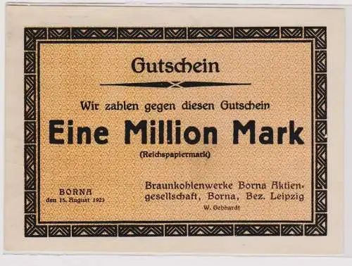 1 Million Mark Banknote Braunkohlenwerke Borna 15.8.1923 (120339)