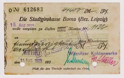 Firmenscheck 414000 Mark Banknote Stadtgirokasse Borna 11.8.1923 (120728)
