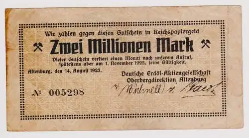 2 Millionen Mark Banknote Oberbergdirektion Altenburg 1.11.1923 (120731)