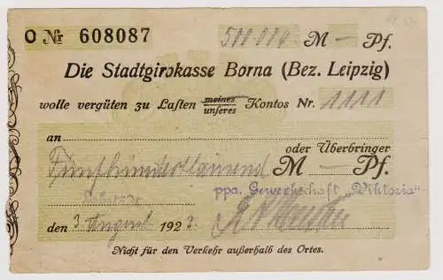 Firmenscheck 500000 Mark Banknote Stadtgirokasse Borna 3.8.1923 (120531)