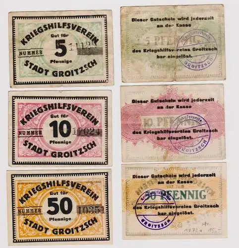 5, 10 & 50 Pfennig Banknoten Kriegshilfsverein Stadt Groitzsch (120750)