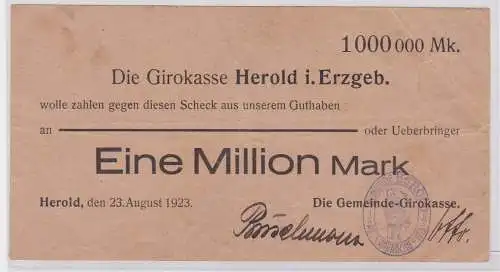 1 Million Mark Banknote Girokasse Herold im Erzgebirge 23.8.1923 (120668)