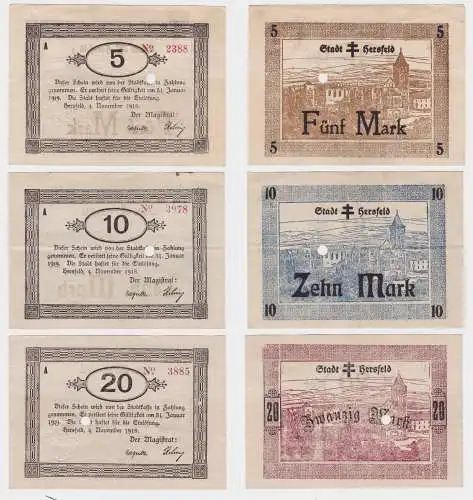 5, 10 & 20 Mark Banknoten Notgeld Stadt Hersfeld 4.11.1918 (120618)