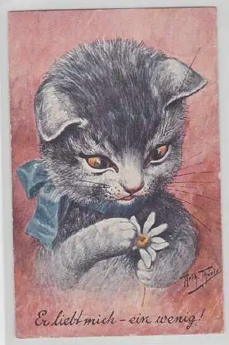 89664 Arthur Thiele Künstler Ak Katze "Er liebt mich - ein wenig!" 1907