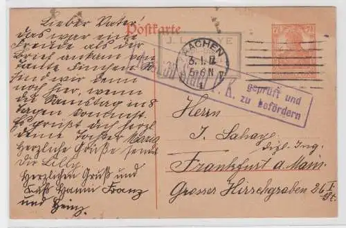 97900 DR Ganzsachen Postkarte P110 Aachen nach Frankfurt mit Prüfstempel 1917