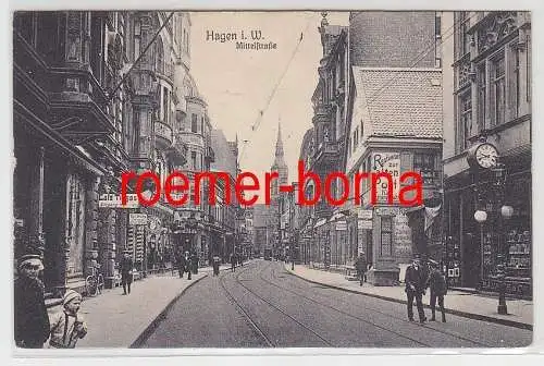 49184 Ak Hagen Mittelstr. mit Restaurant zur alten Post, Café Tigges u.a. um1910