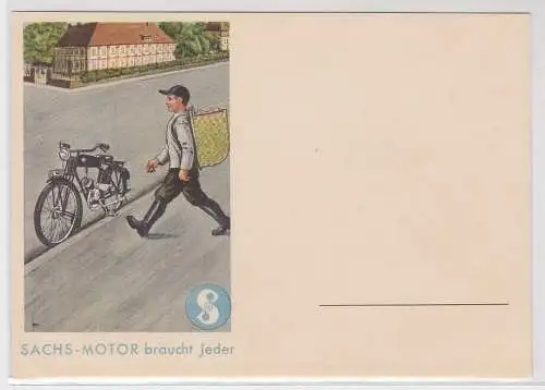 06842 Ak Reklame SACHS - MOTOR braucht Jeder, Motorrad und Bote, um 1930