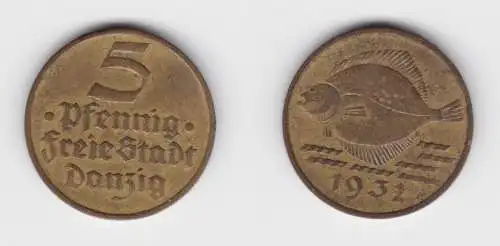 5 Pfennig Messing Münze Danzig 1932 Flunder ss (156334)