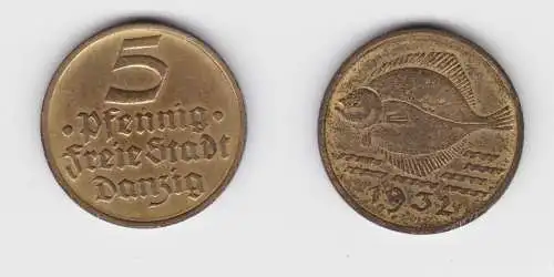 5 Pfennig Messing Münze Danzig 1932 Flunder ss (156339)