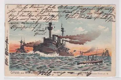907161 AK Gruß aus Wilhelmshaven - Schlachtschiff Kaiser Friedrich III 1902
