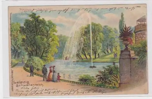 907285 AK Leipzig- Schwanenteich, Parkpartie mit Springbrunnen 1900