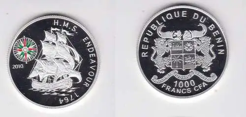 1000 Francs Silber Münze Benin 2010 Segelschiff HMS Endeavour PP (159862)
