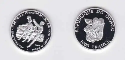 1000 Francs Silber Münze Republik Congo 2001 Deutschland Fußball WM PP (158548)