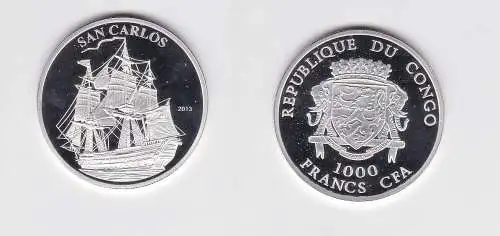 1000 Francs Silber Münze Republik Congo 2013 Segelschiff San Carlos PP (155672)