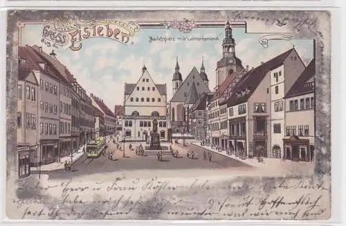 907508 Ak Lithographie Gruß aus Eisleben Marktplatz mit Lutherdenkmal 1906