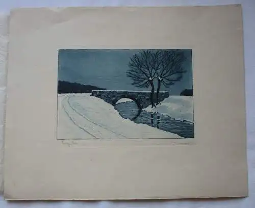 alte Original Radierung Steinbrücke in Winterlandschaft - 29,9x24,3 cm (159750)