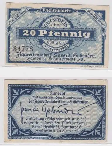 20 Pfennig Banknoten Notgeld Hamburg Zigarettenfabrik Sossidi 1921 (152043)