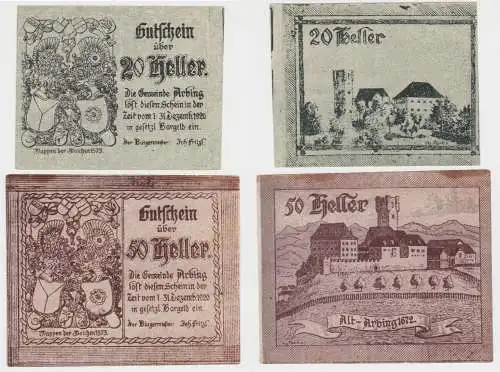 2 Banknoten 20 und 50 Heller Notgeld Gemeinde Arbing 1920 (154087)