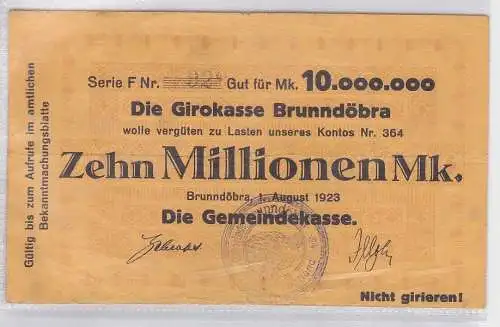 10 Millionen Mark Banknote Girokasse Brunndöbra 1.08.1923 (118746)